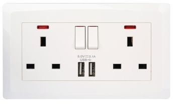 Terminator Wall Plate W/2 UK Switch Sockets + 2 USB Neon Indicators TWS 2SI-2USB 